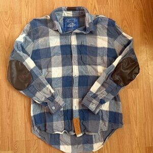 Casual Blue Plaid Button-Down Shirt with Elbow Patches 100% cotton